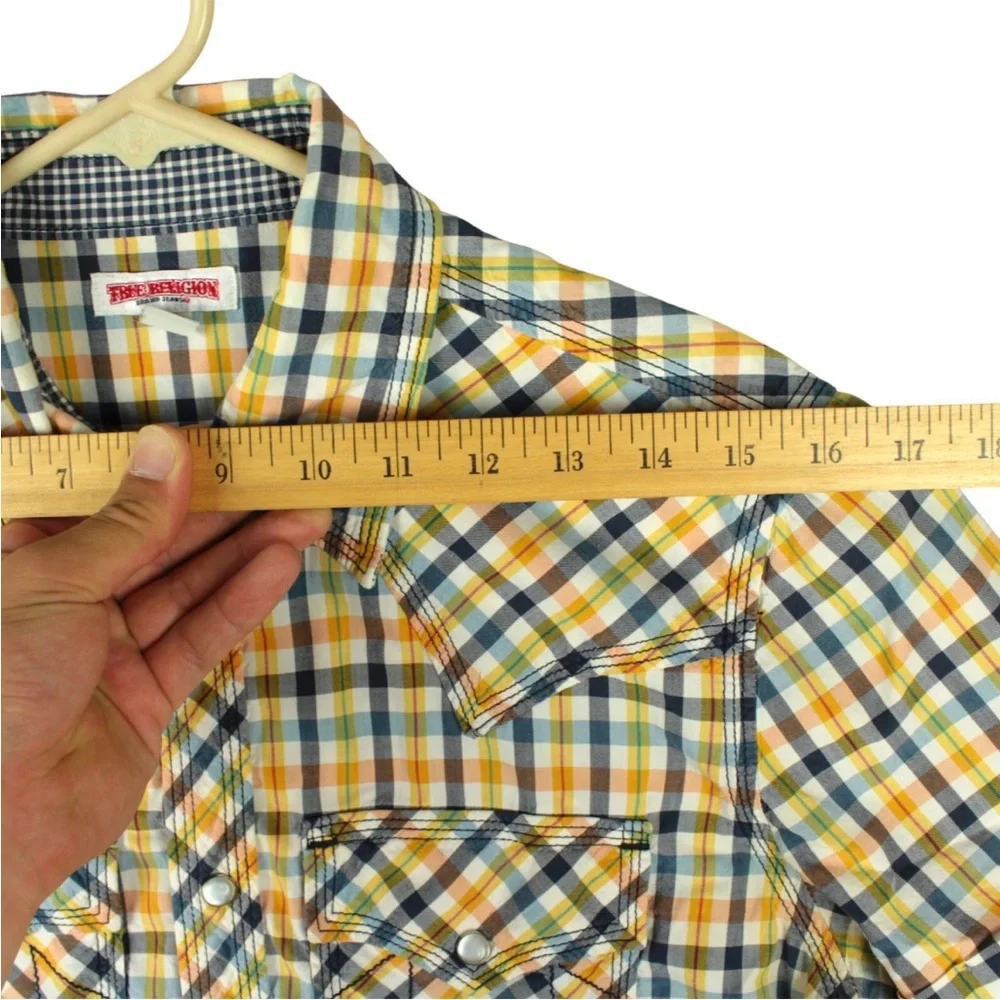 True Religion Men Western Plaid Pearl Snap Short Sleeve Shirt size S Yellow